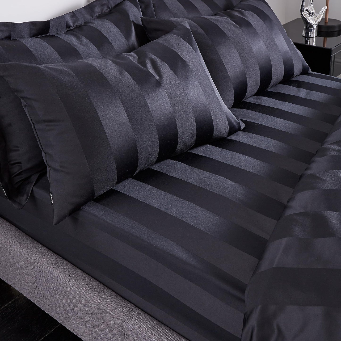 Playboy Soft Satin Stripe Double Fitted Black Sheet