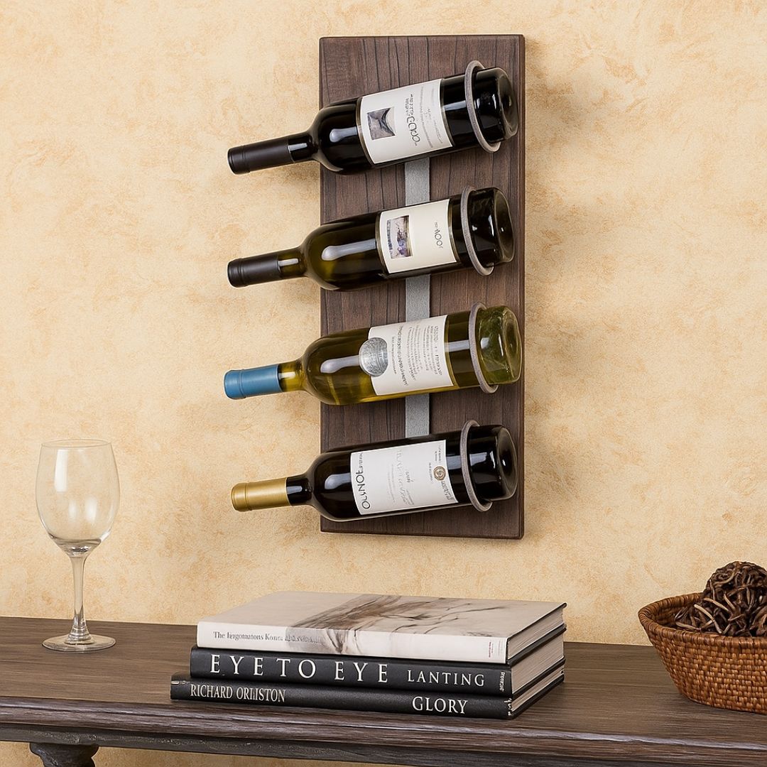 Antique Old Wood Wall Wine Holder 4 Bottle Rack