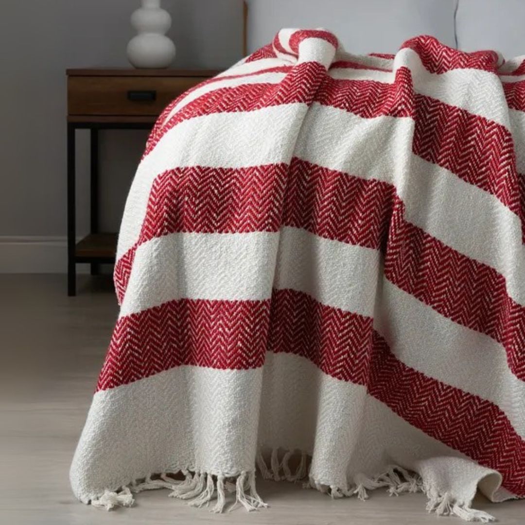 Red & White Christmas Herringbone Stripe Throw