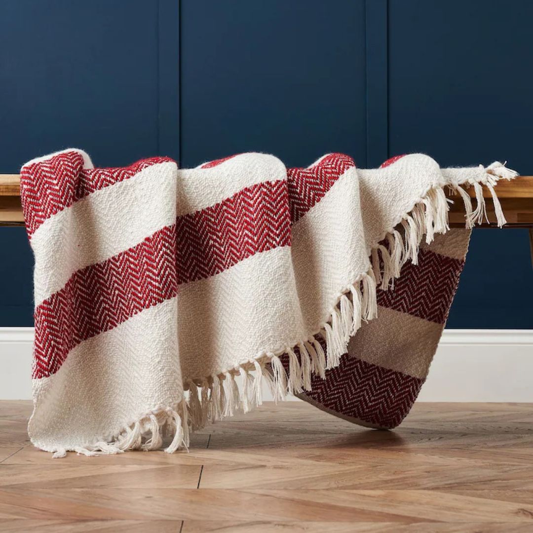 Red & White Christmas Herringbone Stripe Throw